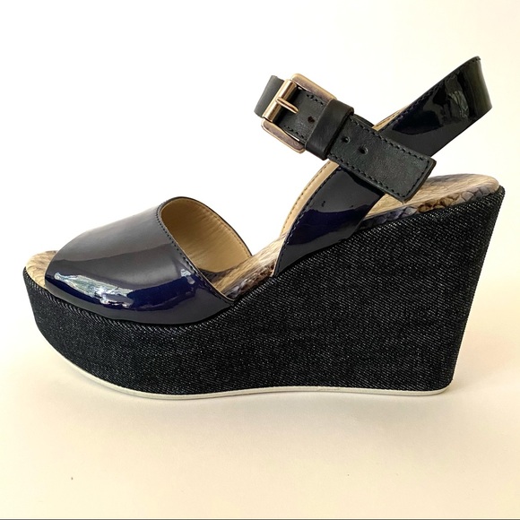 AGL 👡 PLATFORM WEDGE SANDALS denim and NAVY patent leather with wide strap - Picture 3 of 12